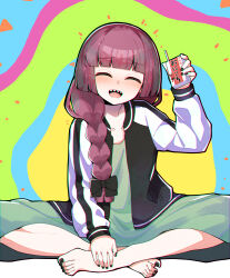 Rule 34 | 1girl, :d, ^ ^, absurdres, alcohol, alcohol carton, barefoot, black bow, black jacket, black nails, blunt bangs, blush, bocchi the rock!, bow, braid, braided ponytail, closed eyes, collarbone, commentary request, crossed ankles, dress, drinking straw, feet, fingernails, green dress, hair bow, hair over shoulder, halftone, hand up, highres, hiroi kikuri, holding, jacket, long hair, long sleeves, multicolored background, multicolored clothes, multicolored jacket, mushipan (mushipann26), nail polish, open clothes, open jacket, open mouth, purple hair, raised eyebrows, sharp teeth, sidelocks, simple background, sitting, smile, solo, teeth, toenail polish, toenails, toes, two-tone jacket, upper teeth only, white jacket