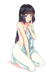 Rule 34 | 10s, 1girl, black hair, blush, breasts, covering privates, covering breasts, covering crotch, embarrassed, full body, hair down, hair ornament, hairclip, highres, kantai collection, long hair, looking at viewer, myoukou (kancolle), no pants, open mouth, pantyhose, purple eyes, unworn shirt, short eyebrows, simple background, sitting, solo, white pantyhose, yonoki