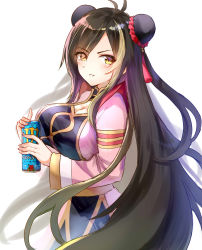Rule 34 | 1girl, absurdres, akusamu, azur lane, black hair, blonde hair, breasts, cleavage, cosplay, country connection, energy drink, harbin (azur lane), highres, homoto akina (voice actor), large breasts, long hair, looking at viewer, love live!, love live! nijigasaki high school idol club, love live! school idol festival all stars, monster energy, monster girls! (love live!), multicolored hair, parted lips, solo, very long hair, voice actor connection, yellow eyes, zhong lanzhu, zhong lanzhu (cosplay)