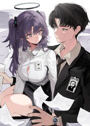 Rule 34 | 1boy, 1girl, absurdres, black hair, black necktie, black skirt, blue archive, blush, breasts, cleavage, closed mouth, collared shirt, fang, formal, hair between eyes, halo, highres, holding, holding paper, jewelry, large breasts, long hair, mechanical halo, movik, necktie, paper, purple eyes, purple hair, ring, sensei (blue archive), shirt, short hair, skin fang, skirt, smile, suit, two side up, watch, wedding ring, white shirt, wristwatch, yuuka (blue archive)