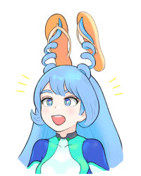 Rule 34 | 10s, 1girl, :d, ahoge, blue hair, blush, bodysuit, boku no hero academia, hadou nejire, half-closed eyes, open mouth, shpo, simple background, slippers, smile, solo, spiral, upper body, white background
