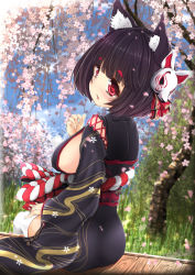 Rule 34 | 1girl, animal ear fluff, animal ears, azur lane, black hair, black kimono, blue sky, blush, breasts, cat ears, cherry blossoms, cloud, commentary request, day, fang, fingernails, flower, fox mask, hand up, highres, japanese clothes, kimono, large breasts, long sleeves, looking at viewer, looking to the side, maru shion, mask, mask on head, obi, outdoors, parted lips, pink flower, red eyes, sash, short hair, sideboob, sitting, sky, solo, spring (season), thick eyebrows, thighhighs, tree, white thighhighs, wide sleeves, yamashiro (azur lane)