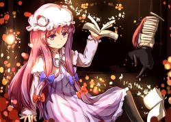Rule 34 | 2girls, bad id, bad pixiv id, book, book stack, capelet, carrying, demon girl, demon tail, dress, hair ribbon, hat, head wings, juliet sleeves, koakuma, kotou (ko-tou), long hair, long sleeves, magic, mob cap, multiple girls, open book, patchouli knowledge, puffy sleeves, purple dress, purple eyes, purple hair, red hair, ribbon, smile, standing, standing on one leg, striped clothes, striped dress, tail, touhou, tress ribbon, very long hair, wings