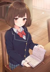 Rule 34 | 1girl, :o, absurdres, black jacket, blazer, blush, bob cut, book, bookmark, bookshelf, bow, bowtie, brown eyes, brown hair, chair, collared shirt, commentary request, dress shirt, fingernails, grey skirt, highres, holding, holding book, indoors, jacket, long sleeves, looking at viewer, nail polish, on chair, open book, original, parted lips, pink nails, plaid, plaid skirt, pleated skirt, racchi., red bow, red bowtie, shirt, short hair, sitting, skirt, solo, sunlight, table, white shirt, wooden floor