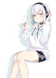 Rule 34 | 1girl, absurdres, black shorts, breasts, closed mouth, commentary request, drawstring, drop shadow, feet out of frame, green hair, grey hair, hands up, headphones, highres, holding, hood, hood down, hoodie, kanade kanon, long sleeves, looking at viewer, medium breasts, mimikaki, multicolored hair, nanashi inc., puffy long sleeves, puffy sleeves, short shorts, shorts, simple background, sitting, smile, sofra, solo, two-tone hair, virtual youtuber, white background, white hoodie, yellow eyes