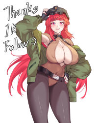 Rule 34 | 10million, 1girl, absurdres, belt, black pantyhose, blush, breasts, cleavage, cleavage cutout, clothing cutout, english text, fingerless gloves, gloves, goggles, goggles on head, hand on own hip, highres, hime cut, huge breasts, last origin, leotard, leprechaun (last origin), long hair, mole, mole under eye, nail polish, open mouth, pantyhose, purple eyes, red hair, red nails, simple background, solo, very long hair, white background, yellow leotard