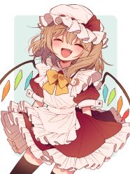 Rule 34 | 1girl, adapted costume, alternate costume, apron, ascot, blonde hair, blurry, blurry background, blush, border, bow, cowboy shot, crystal, enmaided, closed eyes, flandre scarlet, frilled skirt, frills, hat, maid, mob cap, open mouth, puffy short sleeves, puffy sleeves, red skirt, red vest, ribbon, shirt, short hair, short sleeves, side ponytail, skirt, smile, solo, touhou, touya (konpekitou), vest, white border, white shirt, wings
