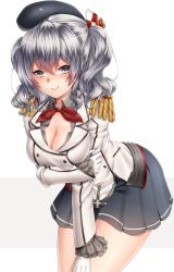 Rule 34 | 10s, 1girl, beret, blue eyes, blush, breasts, cleavage, epaulettes, female focus, gloves, hat, kantai collection, kashima (kancolle), keita (tundereyuina), large breasts, leaning forward, long hair, looking at viewer, military, military uniform, sidelocks, silver hair, skirt, smile, solo, twintails, uniform, wavy hair, white gloves