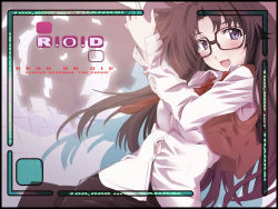 Rule 34 | 00s, 1girl, :d, blush, brown hair, character name, copyright name, glasses, milestone celebration, long hair, long sleeves, looking at viewer, okiura, open mouth, purple eyes, read or die, shirt, smile, solo, vest, white shirt, yomiko readman