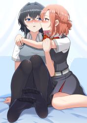 Rule 34 | 2girls, absurdres, arms around neck, asanagi yori, black dress, black hair, black pantyhose, blue eyes, blush, bow, bowtie, chinese commentary, commentary request, dress, eye contact, grey sweater vest, half up braid, hand on another&#039;s arm, highres, kino himari, lemon kele, long hair, looking at another, multiple girls, pantyhose, parted lips, pinafore dress, red bow, red bowtie, red eyes, sasayaku you ni koi wo utau, shirt, short sleeves, sitting, sleeveless, sleeveless dress, sweater vest, white shirt, yuri