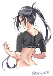 1girl amagiri_(kancolle) black_hair blush commentary_request ebifurya from_behind glasses grey_eyes hair_between_eyes highres kantai_collection long_hair looking_at_viewer ponytail shirt simple_background smile solo twitter_username white_background