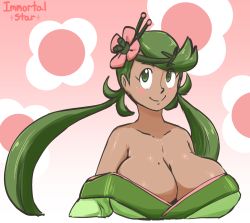 Rule 34 | 1girl, bare shoulders, blush stickers, breasts, cleavage, closed mouth, collarbone, creatures (company), flower, game freak, green eyes, green hair, hair flower, hair ornament, highres, huge breasts, immortalstar, japanese clothes, kimono, long hair, mallow (pokemon), matching hair/eyes, nintendo, off shoulder, pink background, pokemon, pokemon sm, smile, solo, twintails, upper body