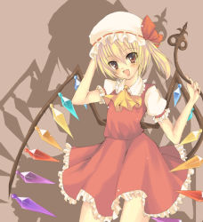 Rule 34 | 1girl, bad id, bad pixiv id, blonde hair, blouse, collared shirt, female focus, flandre scarlet, hat, hime gyo, mob cap, ponytail, ribbon, shirt, short hair, solo, standing, touhou, white shirt, wings