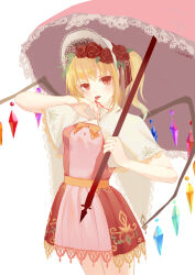 Rule 34 | 1girl, alternate costume, blonde hair, blood, blood on hands, bonnet, bow, bowtie, breasts, capelet, cowboy shot, crystal, dress, flandre scarlet, flower, hair flower, hair ornament, holding, holding umbrella, jessicaxx, licking, licking hand, looking at viewer, medium hair, multicolored wings, one side up, open mouth, orange bow, orange bowtie, pink dress, pink umbrella, red eyes, red flower, red rose, rose, simple background, small breasts, solo, tongue, tongue out, touhou, umbrella, white background, white capelet, wings