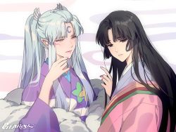 Rule 34 | 2girls, artist name, black hair, commentary request, crescent, facial mark, fur, gearous, grey eyes, hime cut, inuyasha, izayoi (inuyasha), japanese clothes, kimono, lips, lipstick, long hair, looking at viewer, makeup, moon, multiple girls, pointy ears, sesshoumaru&#039;s mother, silver hair, twintails, upper body, yellow eyes