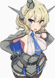 Rule 34 | 1girl, black legwear, blonde hair, blue eyes, blue necktie, blush, braid, breasts, capelet, colorado (kancolle), comala (komma la), dress, elbow gloves, garrison cap, gloves, grey dress, hands on own hips, hat, headgear, highres, kantai collection, large breasts, looking at viewer, necktie, open mouth, short hair, side braids, sideboob, simple background, sleeveless, sleeveless dress, smile, solo, standing, white background, wide hips