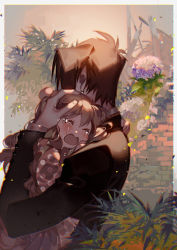 Rule 34 | 1boy, 1girl, blush, border, brown hair, commentary request, crying, earrings, eyelashes, falling leaves, hair between eyes, hug, jewelry, kawacy, leaf, long sleeves, open mouth, original, outside border, pointy ears, tears