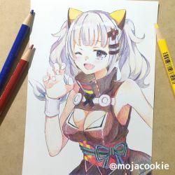Rule 34 | 1girl, art tools in frame, artist name, barcode, blue eyes, blush, breasts, claw pose, cleavage, cleavage cutout, clothing cutout, colored pencil (medium), d-pad, d-pad hair ornament, dress, hair ornament, hairclip, hand up, highres, kaguya luna, mojacookie, one eye closed, open mouth, photo (medium), simple background, sleeveless, sleeveless dress, smile, solo, the moon studio, traditional media, twintails, twitter username, virtual youtuber, white background