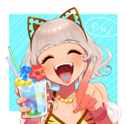 Rule 34 | 1girl, :d, ^ ^, animal ears, animal print, bikini, blue background, blue tongue, bracelet, brown hairband, cat ears, closed eyes, colored tongue, commentary request, cup, curly hair, drinking straw, facing viewer, flower, food, grey hair, hairband, hands up, hibiscus, holding, holding cup, index finger raised, jewelry, necklace, open mouth, oshiri (o4ritarou), pretty series, pripara, red flower, shaved ice, short hair, smile, solo, speech bubble, swimsuit, taiyo pepper, tan, tiger print, tongue, tongue out, upper body, yellow bikini