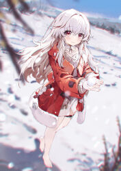 Rule 34 | 1girl, barefoot, blush, clara (honkai: star rail), closed mouth, coat, collar, coria, day, detached collar, full body, fur-trimmed coat, fur trim, grey hair, highres, holding snowball, honkai: star rail, honkai (series), long hair, long sleeves, looking at viewer, no pants, open clothes, open coat, outdoors, red coat, red eyes, shirt, smile, snow, solo, thigh strap, walking, white shirt, winter, winter clothes, winter coat