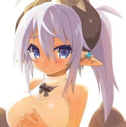 Rule 34 | 1girl, blush, breasts, demon horns, eteru (mofuaki), feathered wings, horns, large breasts, long hair, looking at viewer, mofuaki, original, own hands together, pointy ears, ponytail, purple eyes, purple hair, simple background, solo, white background, wings
