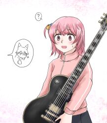 Rule 34 | 2girls, animal ears, blush, bocchi the rock!, cosplay, cube hair ornament, electric guitar, extra ears, ezo red fox (kemono friends), fox ears, gibson les paul, gotoh hitori (cosplay), gotoh hitori, guitar, hair ornament, instrument, jacket, kemono friends, kemono friends 3, multiple girls, nana (kemono friends), pink jacket, pink track suit, pleated skirt, saja (166j357), side ponytail, skirt, sweatdrop, thumbs up, track jacket