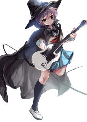 Rule 34 | 1girl, black bow, black bowtie, black cape, blue sailor collar, blue skirt, bow, bowtie, brown eyes, cape, commentary request, erandhl, expressionless, guitar, hair between eyes, hat, highres, holding, holding instrument, instrument, kita high school uniform, leg up, long sleeves, looking at viewer, nagato yuki, purple hair, red ribbon, ribbon, sailor collar, school uniform, serafuku, short hair, simple background, skirt, solo, suzumiya haruhi no yuuutsu, white background, witch hat