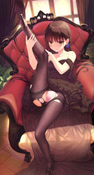 Rule 34 | 1girl, absurdres, black dress, black footwear, black hair, black pantyhose, blush, breasts, cafe stella to shinigami no chou, chair, commentary request, dress, earrings, easy chair, full body, haku89, hand on own knee, hand on own leg, high heels, highres, holding leg, indoors, jewelry, long hair, looking at viewer, medium breasts, on chair, panties, pantyhose, pink panties, shiki natsume, sitting, solo, torn clothes, torn pantyhose, underwear, very long hair, wooden floor, yellow eyes