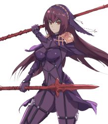 Rule 34 | 1girl, absurdres, armor, bodysuit, breasts, closed mouth, covered navel, cowboy shot, dual wielding, fate/grand order, fate (series), gae bolg (fate), hair intakes, highres, holding, holding weapon, long hair, looking at viewer, medium breasts, pauldrons, purple bodysuit, purple hair, quentin lecuiller, red eyes, scathach (fate), scathach (fate), shoulder armor, solo, standing, veil, weapon