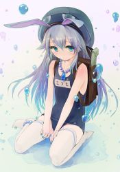 Rule 34 | 1girl, animal ears, anklet, backpack, bad id, bad twitter id, bag, beret, black one-piece swimsuit, blue eyes, blue hair, blue hat, blue nails, blush, character name, closed mouth, commentary, corriente (show by rock!!), full body, hat, jewelry, long hair, looking at viewer, nail polish, name tag, necklace, one-piece swimsuit, pearl necklace, puddle, rabbit ears, school swimsuit, show by rock!!, sitting, smile, solo, swimsuit, thighhighs, wariza, water, water drop, yurikuta tsukumi
