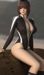 Rule 34 | 1girl, 3d, bad id, bad pixiv id, breasts, brown eyes, brown hair, center opening, diving suit, heart, heart necklace, highres, hinemaru, jewelry, large breasts, long sleeves, looking at viewer, necklace, original, parted lips, short hair, sitting, skin tight, solo, thighs, unzipped, watch, wristwatch