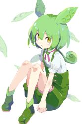 Rule 34 | 1girl, :3, boots, brooch, closed mouth, commentary request, edamame, food, green brooch, green footwear, green hair, green shorts, green suspenders, hair between eyes, hantic888, highres, jewelry, knees up, long hair, looking at viewer, low ponytail, pink ribbon, ponytail, puffy shorts, ribbon, shirt, short sleeves, shorts, sitting, solo, suspender shorts, suspenders, voicevox, white shirt, yellow eyes, zundamon