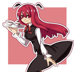 Rule 34 | arm behind head, bat wings, black skirt, black vest, blush, border, bow, bowtie, breasts, cake, collared shirt, cowboy shot, cup, detached wings, food, hair between eyes, head wings, holding, holding tray, koakuma, long hair, long sleeves, looking at viewer, looking to the side, medium breasts, one-hour drawing challenge, open mouth, outline, red background, red bow, red bowtie, red eyes, red hair, renshirenji, saucer, shirt, sidelocks, simple background, skirt, skirt set, smile, teacup, touhou, tray, very long hair, vest, white border, white outline, white shirt, wings