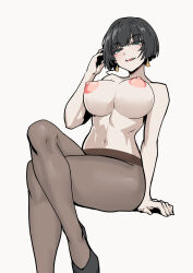 Rule 34 | 1girl, adjusting hair, allmind (armored core 6), arm support, armored core, armored core 6, black eyes, black hair, black jacket, black necktie, black skirt, breasts, crossed legs, earrings, environment233, highres, jacket, jewelry, large breasts, las91214, long sleeves, necktie, nude filter, office lady, pantyhose, pencil skirt, personification, sitting, skirt, smirk, solo, third-party edit, tsurime, white background