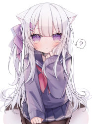 Rule 34 | 1girl, ?, @ @, animal ear fluff, animal ears, black pantyhose, blue sailor collar, blue skirt, blush, bow, cat ears, commentary request, grey hair, hair bow, hand up, highres, long hair, long sleeves, looking at viewer, neckerchief, no shoes, one side up, original, pantyhose, parted lips, pleated skirt, puffy long sleeves, puffy sleeves, purple bow, purple eyes, purple sweater, red neckerchief, ringouulu, sailor collar, school uniform, serafuku, shadow, simple background, sitting, skirt, sleeves past wrists, solo, spoken question mark, sweater, twitter username, very long hair, wariza, white background