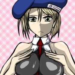 Rule 34 | 1girl, arc system works, bad id, bad pixiv id, beret, blazblue, blonde hair, breasts squeezed together, breast suppress, breasts, gaoka, green eyes, hat, large breasts, necktie, noel vermillion, short hair, solo