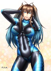 Rule 34 | 1girl, antenna hair, blue eyes, blue hair, bodysuit, borrowed character, breasts, brown hair, character request, contrapposto, covered erect nipples, cowboy shot, female focus, gradient hair, hair between eyes, highres, large breasts, long hair, matching hair/eyes, multicolored hair, original, smile, solo, standing, taikyokuturugi, twintails