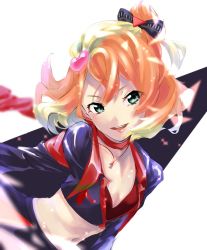 Rule 34 | 1girl, :d, animaruyokotyou, black bow, blonde hair, bow, breasts, choker, cleavage, crop top, freyja wion, green eyes, hair between eyes, hair bow, hair ornament, head tilt, heart, heart hair ornament, long hair, macross, macross delta, midriff, multicolored hair, navel, one side up, open mouth, orange hair, red choker, small breasts, smile, solo, stomach, two-tone hair, upper body, white background