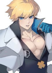 Rule 34 | 1boy, arc system works, black shirt, blonde hair, blue eyes, blue gloves, collarbone, fingerless gloves, gloves, guilty gear, guilty gear strive, hair between eyes, highres, jacket, jacket on shoulders, kero8080, ky kiske, looking at viewer, male focus, open mouth, pectorals, profile, pulling own clothes, pulling, shirt, simple background, solo, upper body, v-neck, white background, white jacket