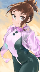Rule 34 | 1girl, absurdres, blush, blush stickers, bodysuit, boku no hero academia, breasts, brown eyes, brown hair, closed mouth, collared shirt, fengling (furin-jp), green bodysuit, hair up, highres, looking at viewer, medium breasts, multicolored bodysuit, multicolored clothes, official alternate hairstyle, open clothes, open shirt, pink shirt, shirt, short hair, sidelocks, smile, solo, superhero costume, uraraka ochako