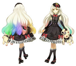 Rule 34 | 1girl, absurdres, axe, blonde hair, boots, bow, dress, elbow gloves, frilled legwear, frills, gloves, goth fashion, gothic lolita, gradient hair, hair ornament, hidari (left side), highres, holding, lolita fashion, mayu (vocaloid), multicolored hair, multiple views, official art, piano print, rabbit, rainbow hair, stuffed animal, stuffed rabbit, stuffed toy, transparent background, turnaround, usano mimi, vocaloid, weapon, white background, yellow eyes