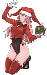 Rule 34 | 1girl, abaratani kurou, adapted costume, arm up, black footwear, black leotard, black ribbon, boots, bow, bowtie, braid, commentary request, cropped jacket, dress shirt, fake tail, fate/grand order, fate (series), florence nightingale (fate), florence nightingale (santa) (fate), frilled thighhighs, frills, full body, fur-trimmed sleeves, fur trim, gift, gloves, green bow, green bowtie, hair ribbon, half-closed eyes, hat, highleg, highleg leotard, highres, holding, holding gift, jacket, kneeling, leotard, long hair, long sleeves, looking at viewer, parted lips, pink hair, playboy bunny, rabbit tail, red eyes, red hat, red jacket, red thighhighs, ribbon, santa costume, santa hat, shirt, side-tie leotard, side braid, simple background, solo, tail, thighhighs, white background, white gloves, white shirt