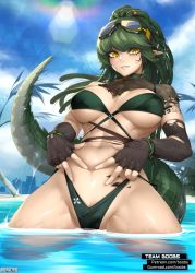 Rule 34 | +++, 1girl, arknights, bikini, black gloves, blue sky, breasts, breasts apart, covered collarbone, crocodilian tail, day, dreadlocks, earrings, elbow gloves, facepaint, fingerless gloves, gavial (arknights), gavial the invincible (arknights), gloves, goggles, goggles on head, green bikini, hands on own stomach, highleg, highleg swimsuit, highres, jewelry, large breasts, lens flare, long hair, looking at viewer, material growth, navel, nephlite, oripathy lesion (arknights), outdoors, parted lips, pointy ears, ponytail, scales, sky, smile, solo, spread legs, stomach, swimsuit, tail, toned, torn clothes, torn gloves, underboob, very long hair, wading, water, watermark, web address, yellow eyes