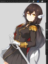 Rule 34 | 1girl, azur lane, black jacket, black skirt, breasts, brown hair, closed mouth, curled horns, epaulettes, gloves, grey background, hair between eyes, horns, jacket, large breasts, long hair, long sleeves, looking at viewer, low ponytail, mikasa (azur lane), military, military jacket, military uniform, misekai 555, pleated skirt, simple background, skirt, smile, solo, sword, uniform, weapon, white gloves, yellow eyes