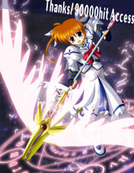 Rule 34 | 00s, 1girl, :d, ahoge, bow, bowtie, brooch, energy wings, english text, engrish text, feathers, fingerless gloves, gloves, holding, holding weapon, jewelry, long sleeves, looking at viewer, lyrical nanoha, magazine (weapon), magic circle, magical girl, mahou shoujo lyrical nanoha, mahou shoujo lyrical nanoha a&#039;s, milestone celebration, open mouth, orange hair, polearm, purple eyes, raising heart, raising heart (exelion mode), ranguage, red bow, red hair, robe, short hair, short twintails, smile, solo, spear, takamachi nanoha, takamachi nanoha (sacred mode), takase shin&#039;ya, twintails, weapon, wings