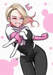 Rule 34 | 1girl, absurdres, arm up, black bodysuit, blonde hair, blue eyes, bodysuit, breasts, clenched hand, gradient hair, gwen stacy, highres, hood, hooded bodysuit, looking at viewer, marvel, medium breasts, medium hair, momo juice, multicolored bodysuit, multicolored clothes, multicolored hair, one eye closed, piercing, pink bodysuit, pink hair, signature, smile, solo, spider-gwen, spider-man: into the spider-verse, spider-man (series), spider-verse, spider web print, standing, superhero costume, teeth, v, white background, white bodysuit