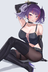 Rule 34 | 1girl, arm up, armpits, black footwear, black gloves, black pantyhose, boots, elbow gloves, gloves, highres, idolmaster, idolmaster shiny colors, looking at viewer, multicolored hair, pantyhose, purple eyes, purple hair, shougun (chuckni1), solo, strapless, streaked hair, tanaka mamimi, tube top, white background