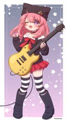 Rule 34 | 1girl, :d, animal hat, blush, boots, cat hat, choker, electric guitar, guitar, hat, hat pin, highres, holding, holding instrument, holding plectrum, instrument, knee boots, long hair, long sleeves, looking at viewer, miharu (youkai watch), off-shoulder shirt, off shoulder, one eye closed, open mouth, pink hair, pleated skirt, plectrum, purple eyes, ribbon, shirt, skirt, sleeves past wrists, smile, solo, striped clothes, striped thighhighs, tabana, thighhighs, twitter username, youkai watch, youkai watch jam: youkai gakuen y