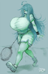 Rule 34 | 1girl, 2b-ge, ahoge, bags under eyes, blush, breasts, bursting breasts, eyelashes, female focus, full body, gigantic breasts, green theme, grey background, hair over one eye, highres, holding, holding racket, limited palette, long hair, looking at viewer, mei (2b-ge), original, racket, shadow, shorts, skindentation, solo, sportswear, spot color, tennis racket, tennis uniform, thick thighs, thighs, very long hair, walking, white footwear