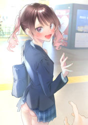 Rule 34 | 1girl, absurdres, accidental exposure, bag, blurry, blurry background, blush, brown hair, clothes lift, commentary, flat chest, gradient hair, highres, looking at viewer, looking back, multicolored hair, original, panties, pov, rinku (rin9), school bag, school uniform, skirt, skirt lift, twintails, two-tone hair, underwear